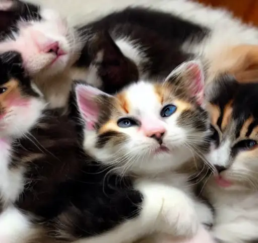 Four kittens fill the entire image, uncomfortably close to one another. Each cat looks almost like they were copy-pasted from the same base. They are mostly white on the paws and chest, dark on the back, with some streaks of orange on the head. The eyes are off in an inexplicable, uncanny way.