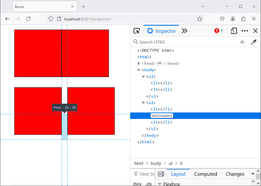 Screenshot of Firefox rendering a web page with two pairs of boxes like above. The first pair does not contain any spacing between them, while the second pair does. DevTools is open to the "Inspector" panel showing the rendered DOM. It contains two `<ul>` tags, each containing two `<li>` tags representing each box. The elements are formatted in this view, so the whitespace around each of them is meaningless. However between the two `<li>` tags in the second `<ul>` is a small element labeled "whitespace". The user has clicked on this element and the spacing between the second pair of boxes is highlighted and marked as `#text`, indicating exactly where that spacing is coming from.